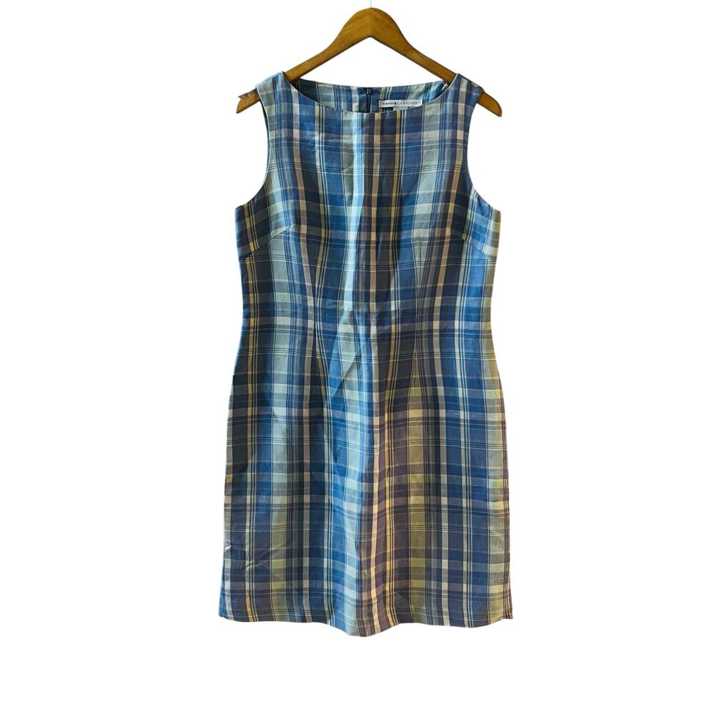 Natural Instincts Linen Blend Blue Plaid Sleeveless Dress Size 8